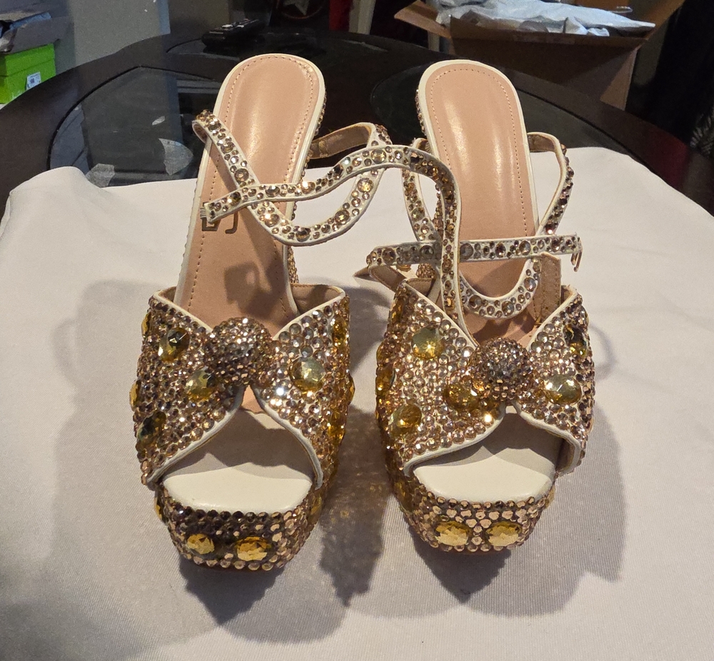 Gold Jeweled Platform Heels with Bow Accent
